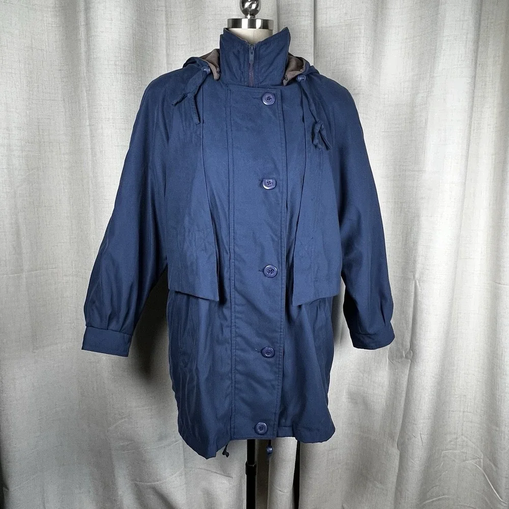 Vintage Forecaster of Boston Trench Rain Coat Womens Small 80s Hooded Navy Blue‎